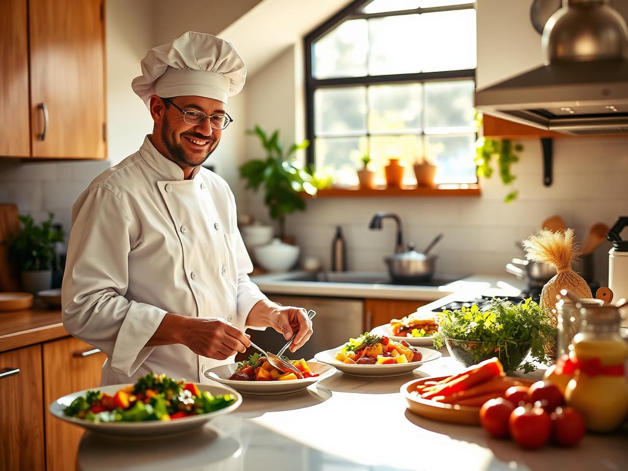 Chef plating a colorful seasonal lunch