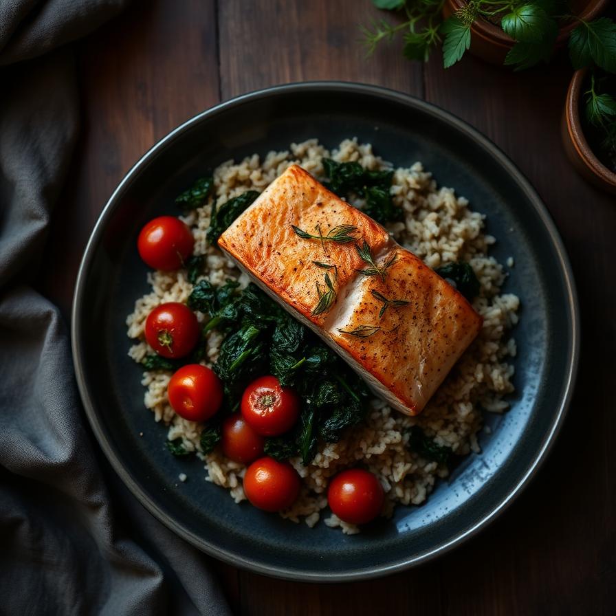 Seared salmon, kale & rice